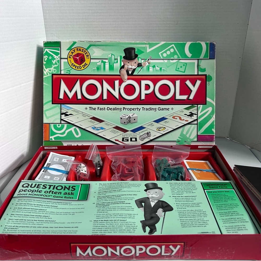 Vintage 2008 Hasbro classic Monopoly Board Game - Red, Green, Black